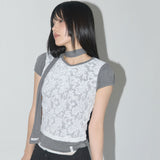 Lace Shirring Top & Scarf (Gray) F25QB087