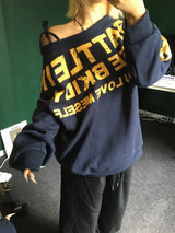halter off-shoulder T-shirtoff-shoulder lettering sweatshirt