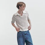 CROPPED STRIPE KNITTED POLO SHIRT (WHITE)