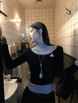 リップネックレイヤードロングスリーブチェックTシャツ