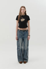 MELTING CHERRY PRINTED CROP T-SHIRT - BLACK
