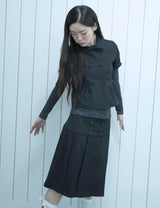 BUTTON DOUBLE PLEATED MIDI SKIRT(BLACK)