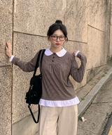 Round collar striped frill T-shirt