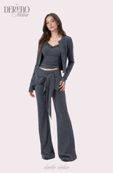ロイヤル チャコール フリル トレーニング スリーピース セットアップ (Cardigan+Sleeveless+Pants)
