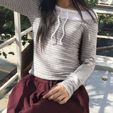 Laso Stripe Strap Layered Outer Fleece-Colored off-shoulder T-Shirt