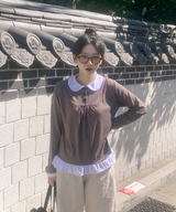 Round collar striped frill T-shirt