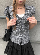 Ession Ribbon Puff V-Neck Check Shirt