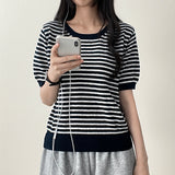 Lean-Linen カラーストライプダンガラ半袖ニット [Round Neck & V-Neck]