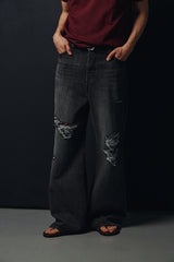 Washed damage wide flare denim pants(Black)