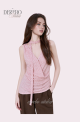 Indie pink choker V-neck wrap sleeveless t-shirt