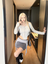 1208. Eyelet ribbon curved crop T (2color)
