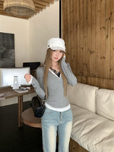 Lace Layered Long Sleeve V-Neck T-Shirt