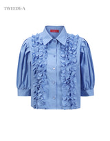 Ravina frill detail puff sleeve blouse blue