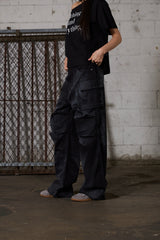 Dirty Washed Wide Cargo Denim Pants - Black