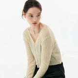 BOUCLE V-NECK RIBBED KNIT CARDIGAN BEIGE