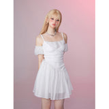 [GirlyFancyClub] White Moonlight Ruched Tie Waist Off-the-Shoulder Puff Sleeve Dress