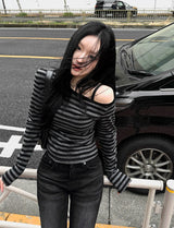 26SS★ [MADE] One-Shoulder Open Stripe Tee