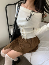 First Muse Off-Shoulder Front Button Long Sleeve Knit Top (2 Colors)