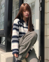 Nobin Stripe Contrast Collar Long Sleeve Knit