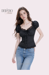 Black lace square short-sleeve blouse