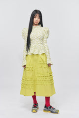 Flower Pattern Crease Ruffle Blouse Yellow