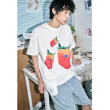 ストロベリーパターンルーズカジュアル半袖Tシャツ