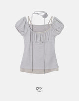 #Hano Layered Rib Short Sleeve T-shirt + Rose Tie Set (3color)