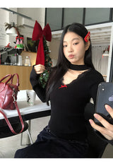 Choker V-neck Lace V-neck Long Sleeve T-shirt