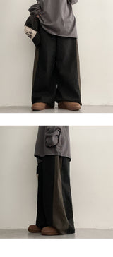 Two-Tone String Coloring Cotton Banded Waist Wide Pants