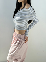 KOREAN MADE💝HIGH QUALITY💝 ストライプオフショルダーロングスリーブTシャツ