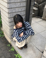 Hanky ストライプワンショルダーオーバーサイズロングスリーブスウェットシャツ