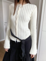 Fur Detail Bold Ribbed Long Sleeve Cardigan