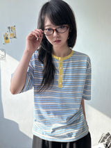 ユリア クーリング ストライプ ヘンリーネック Tシャツ 3カラー