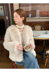 V-neck quilted ivory fur jacket