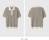 [Unisex] アースバックルストリッピードカラーレッドショートスリーブニット/ 3 カラーズ