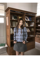 Blue stripe frill long-sleeved cardigan