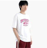 オーバーフィットクルーネックユニバーシティカーモ半袖Tシャツ ホワイトピンク