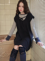 Pintuck waffle flare dress  / navy