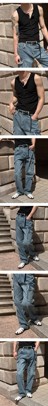 [Unisex] フリンジカーゴデニムパンツ(3color)