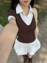 Cafe Layered Pintuck Shirt Brown Short Sleeve Tee (Brown)
