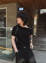 Cave Rib Diagonal Zipper Short Sleeve T-shirt