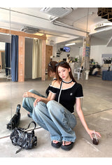 Black Stitch Unbalanced Off-Shoulder Strap Short Sleeve T-Shirt