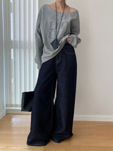 フォアシーズンズディープグリーンペーパーワイドデニムパンツ