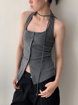Single buckle ホルターネックレースアップノースリーブ Tシャツ