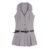 #TS0606 striped v-neck sleeveless dress with belt (dark grey)
