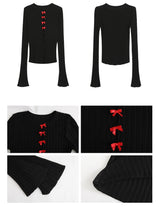 Red bow slit long-sleeved knit shirt