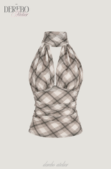 Shphone check holder neck mint-sleeved blouse Top 
