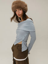 BUTTON OFF SHOULDER T-SHIRT / SKYBLUE
