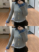 Perry Denim-Layer Cable Knit Long Sleeve Cardigan