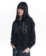 Washed Leather Patch Hooded Zip-Up - Black